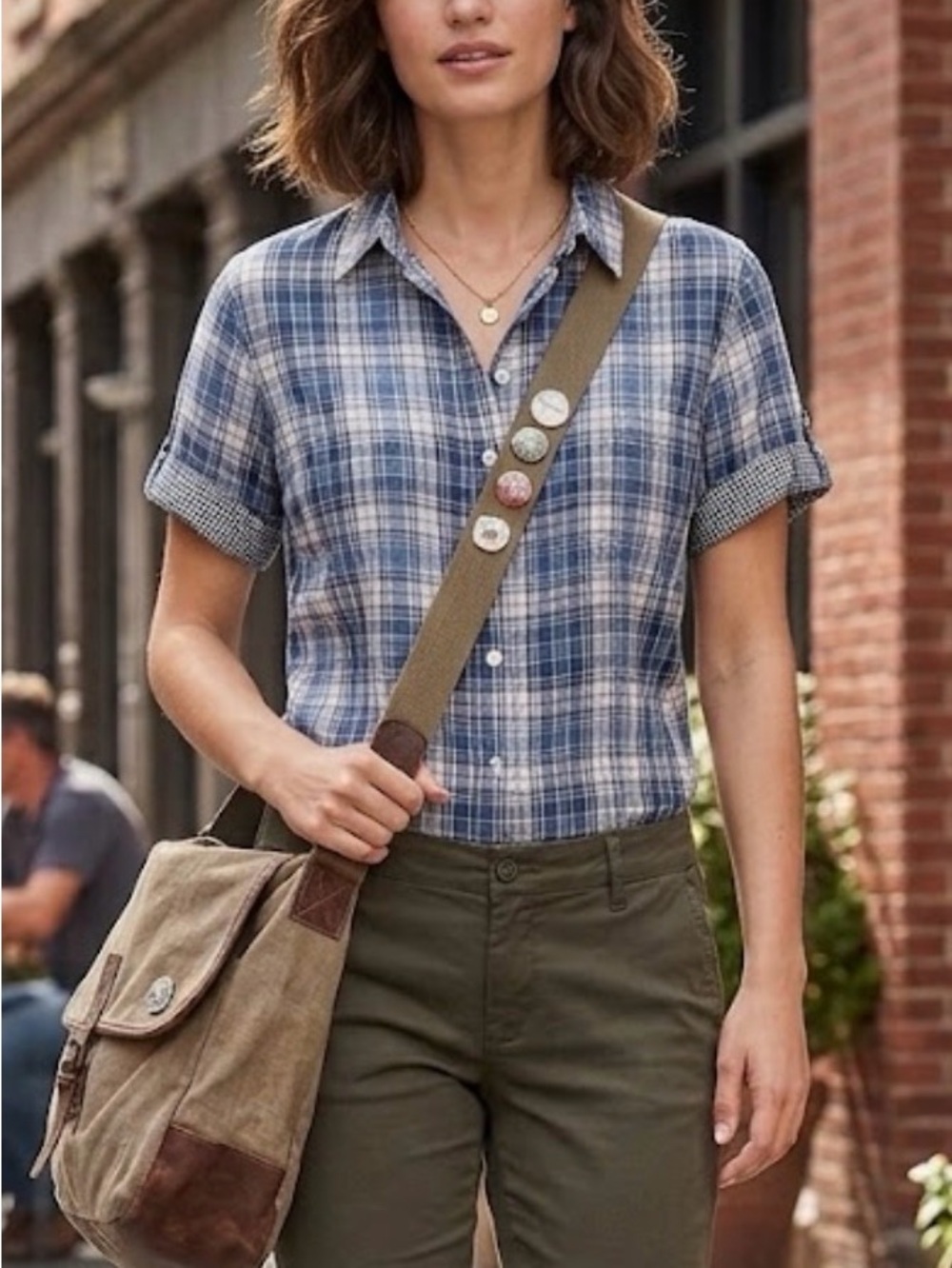 Orvis Blue and White Plaid Short-Sleeve Button-Down Shirt M cotton Lagenlook